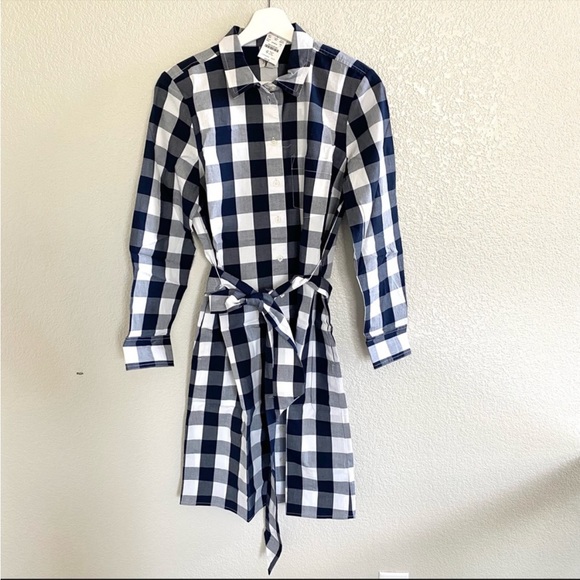 - J. Crew Gingham Navy Blue & White belted shirtdress NWT Size 2 - Picture 4 of 7